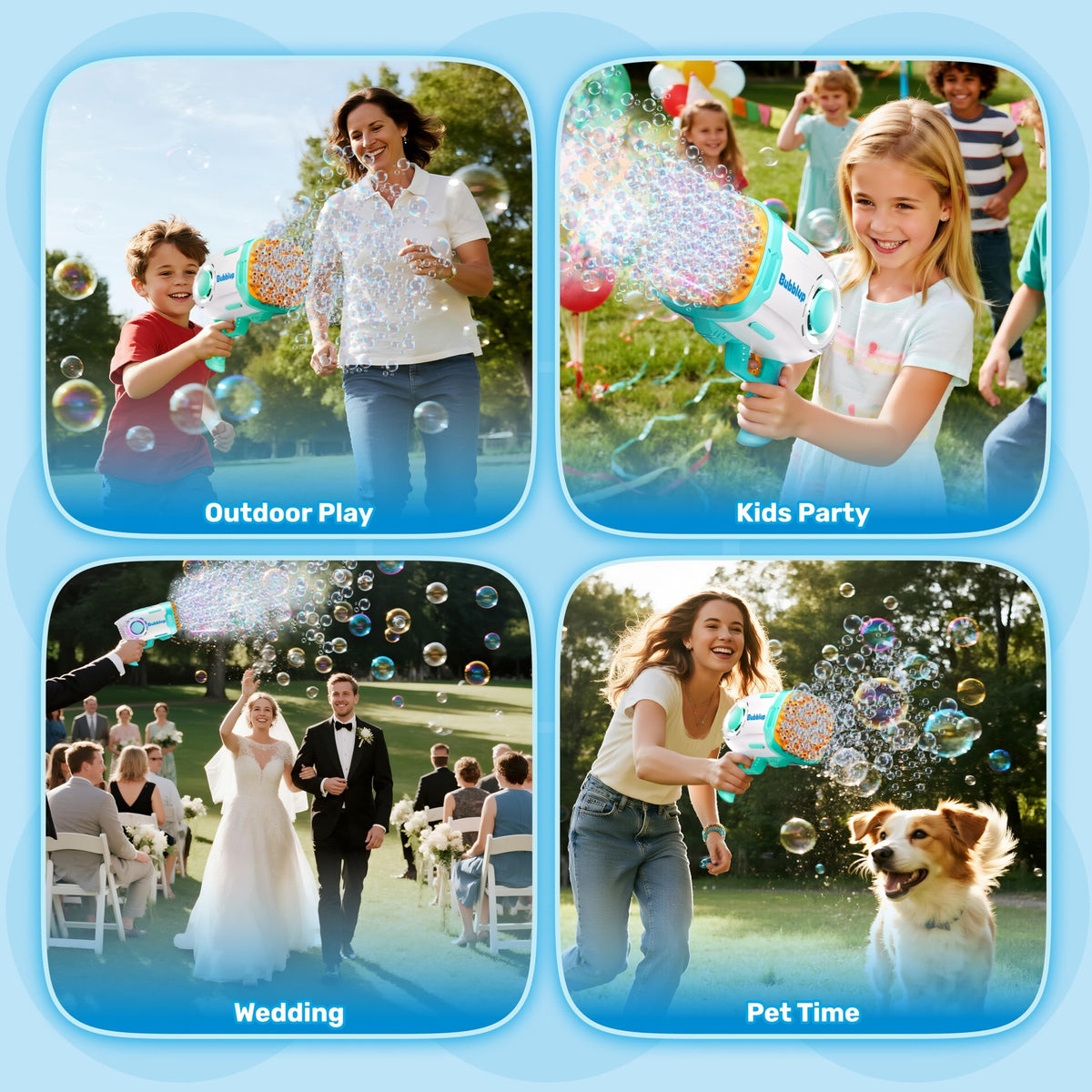 Play-Act bubble liquid bottles provide continuous bubble action.