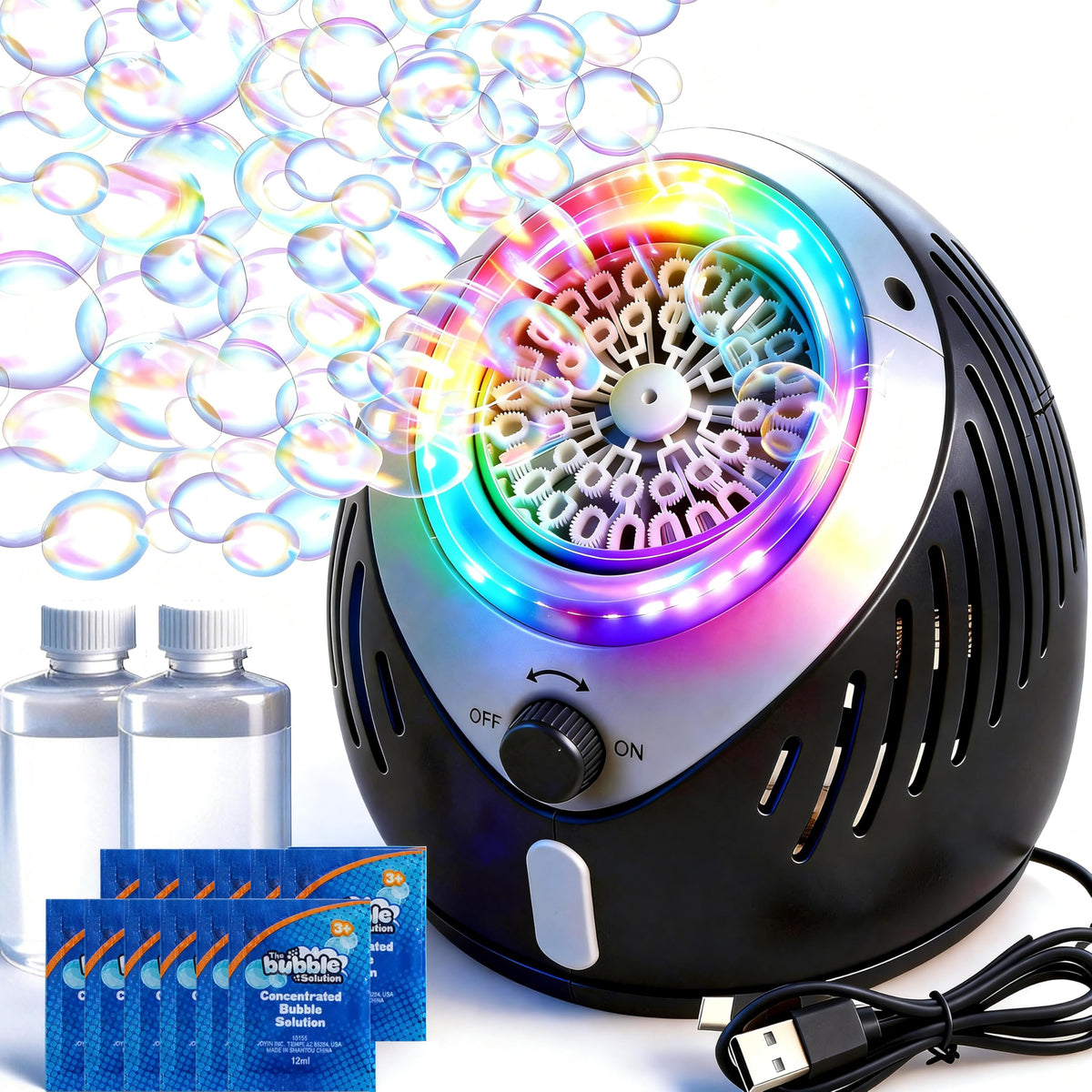 Play-Act bubble machine with a durable design for exciting kid-friendly bubble play.