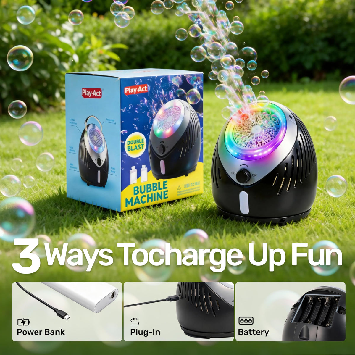 Play-Act eight-color LED lights add dazzling visuals to the bubble show.