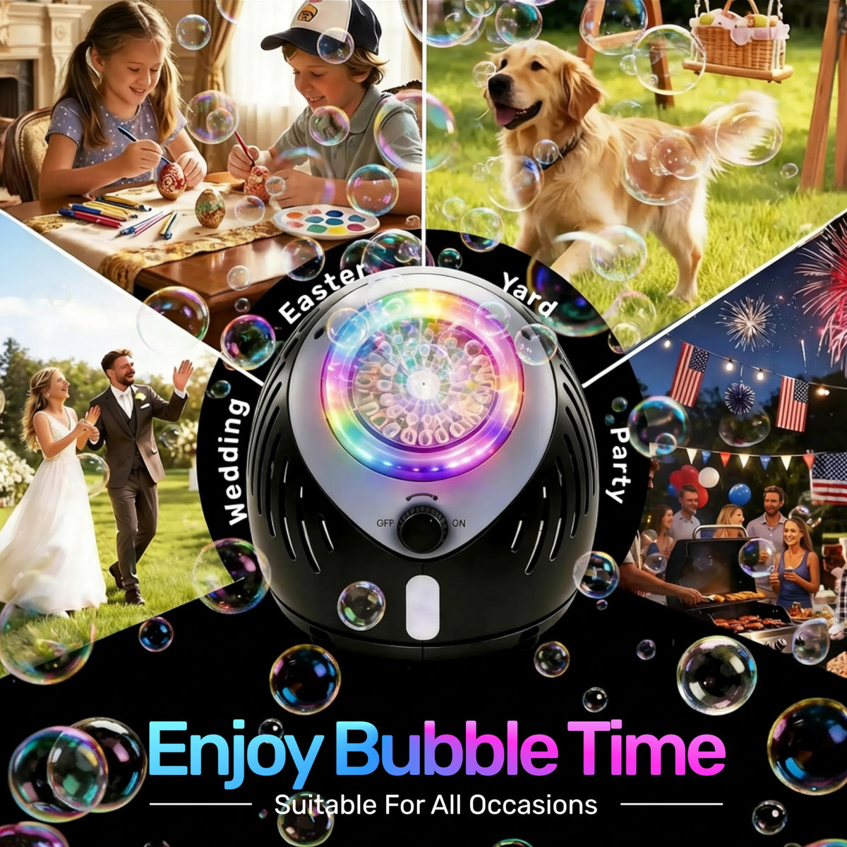 Play-Act bubble machine suits indoor and outdoor celebrations with simple setup.