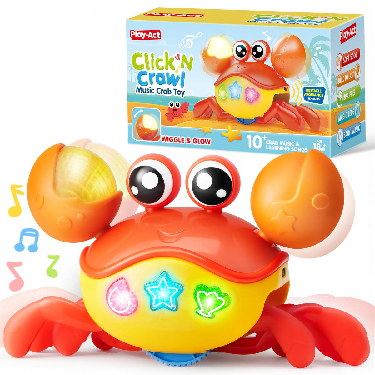 Play-Act JOVA crawling crab toy front view with lights and buttons for tummy time fun.