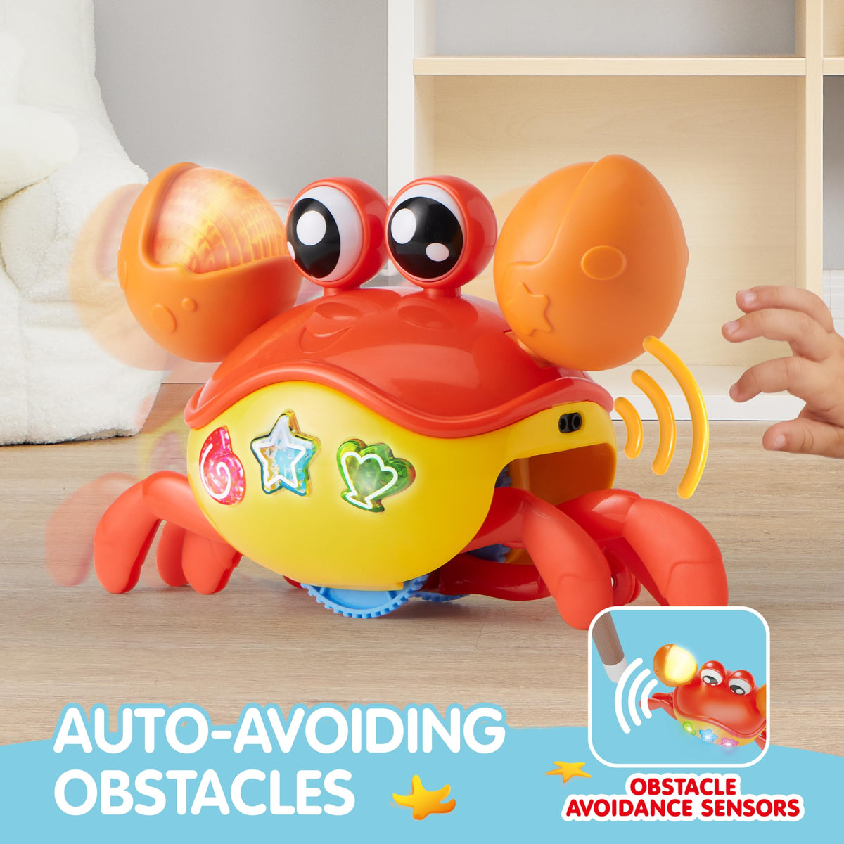 Play-Act JOVA crab toy flashing lights reinforce cause-and-effect learning while crawling.