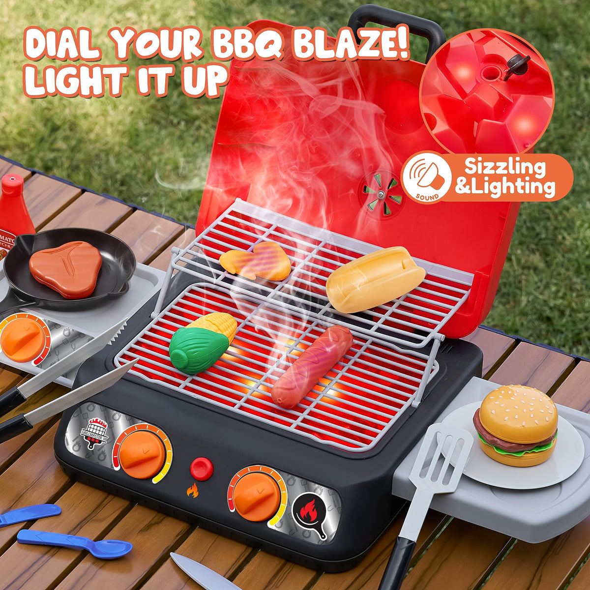 Play-Act Kids BBQ Grill Playset color-changing food shows raw to cooked transitions