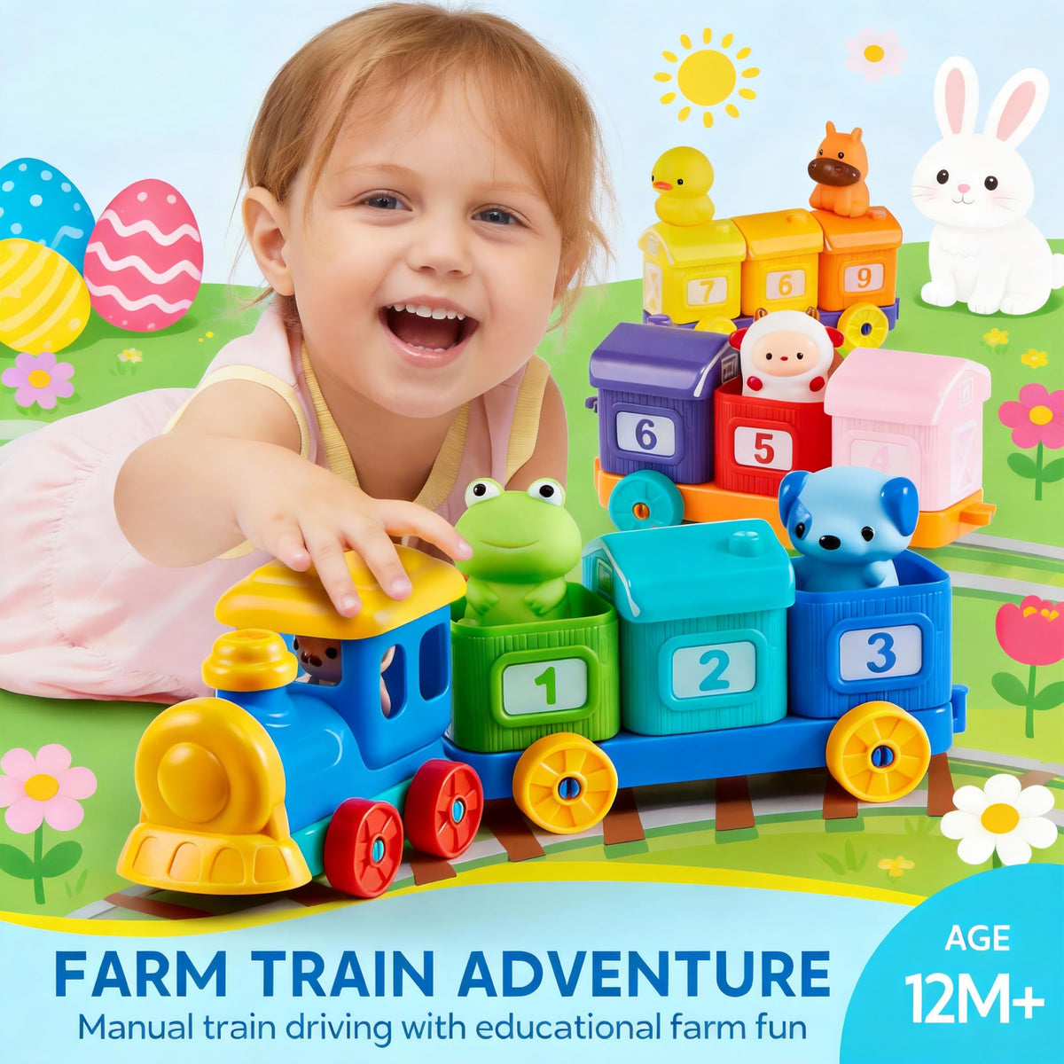 Play-Act train with numbered barns supports counting and sequencing play.