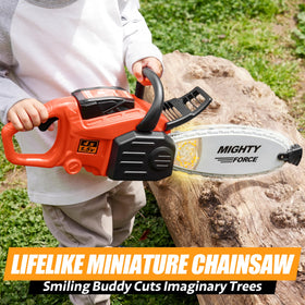 Play-Act Mighty Force Chainsaw Toy guard blocks shavings for safer pretend play.