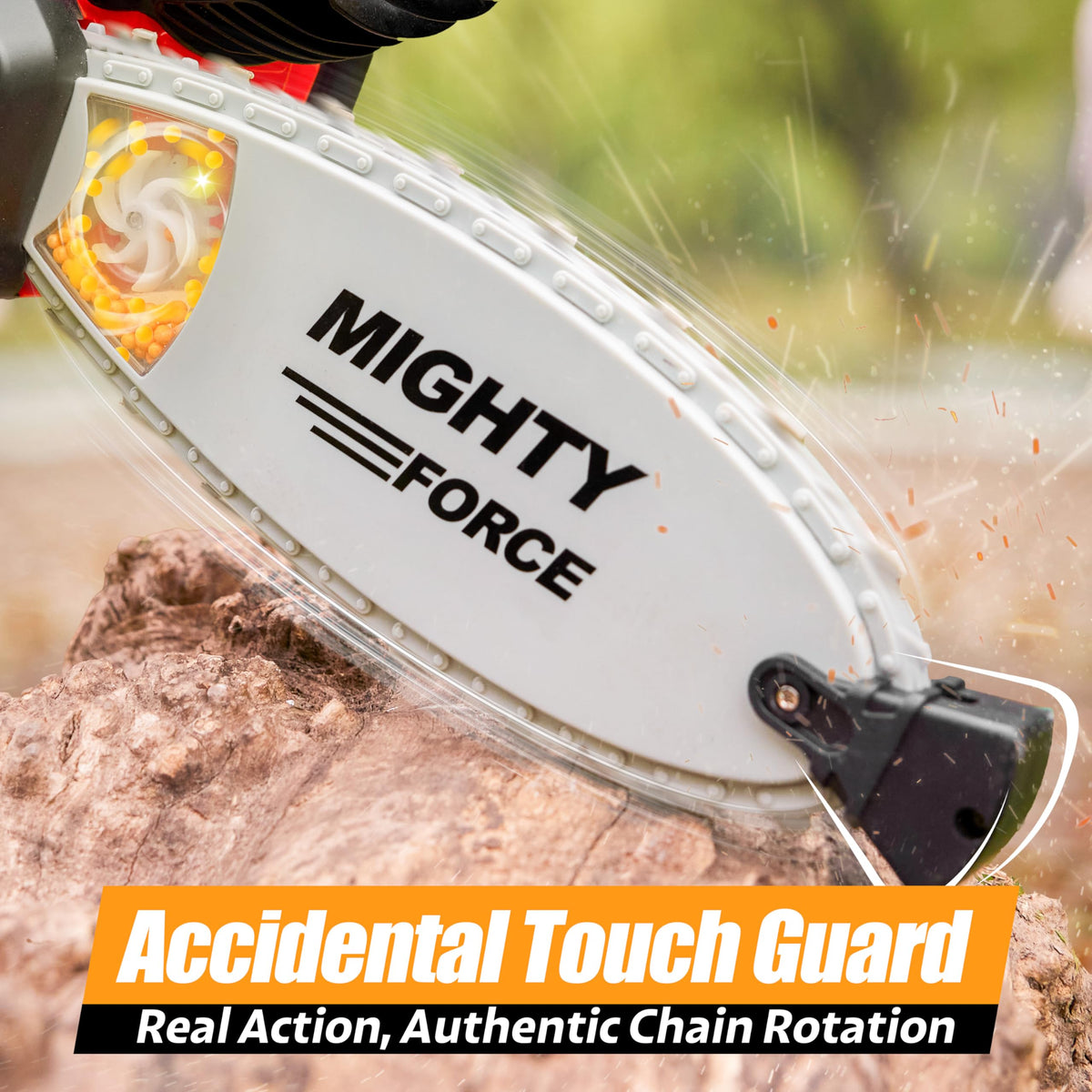 Play-Act Mighty Force Chainsaw Toy emits warm light and pretend sounds for immersive play.