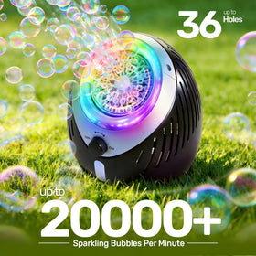 Play-Act bubble machine includes two bubble-solution bottles for extended fun.