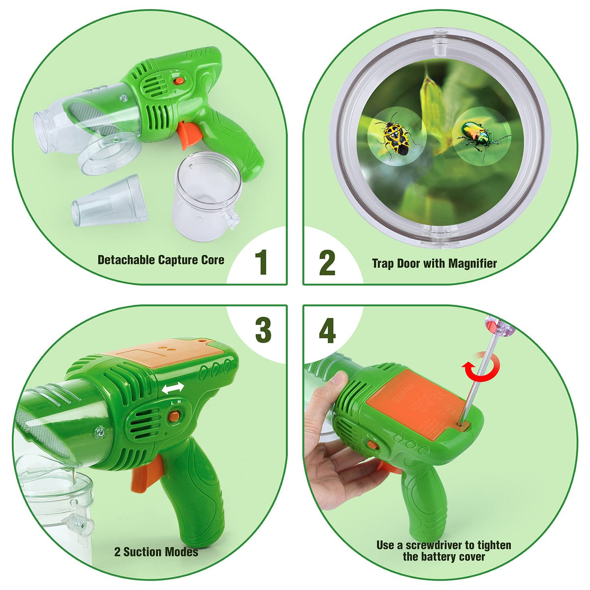 PLAY Bug Vacuum battery compartment indicates four AA power for suction.