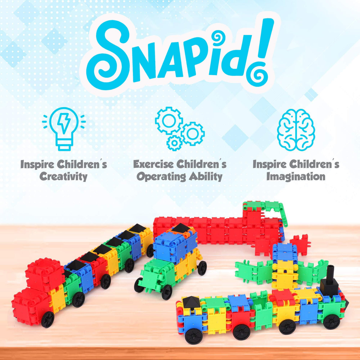 Play Build Snapid colorful bricks arranged to inspire color exploration and patterning