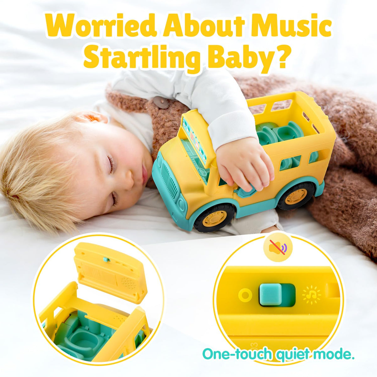 Bus lights and horn sound enhance sensory exploration during playtime.