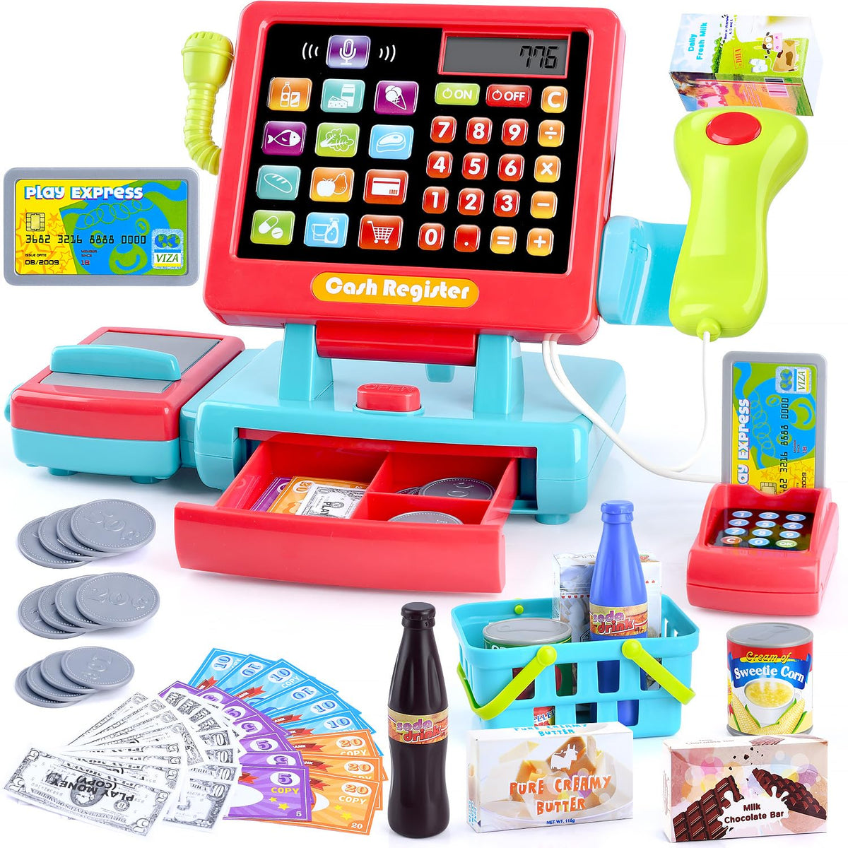 PLAY cash register toy supermarket with calculator for early math practice