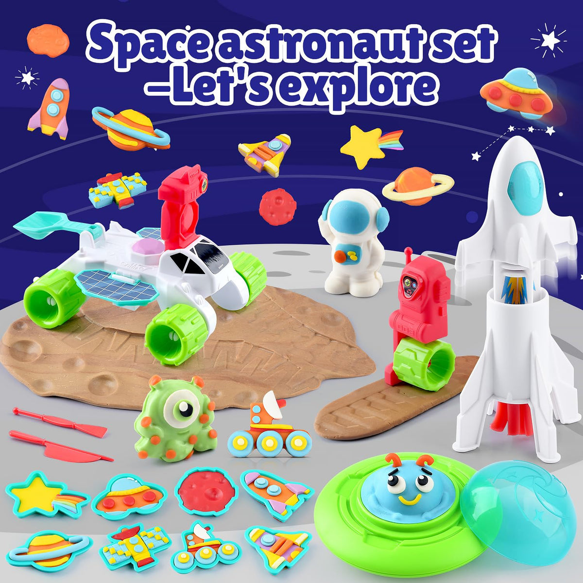 PLAY Color Dough Sets space molds offer varied textures and shapes for creative play