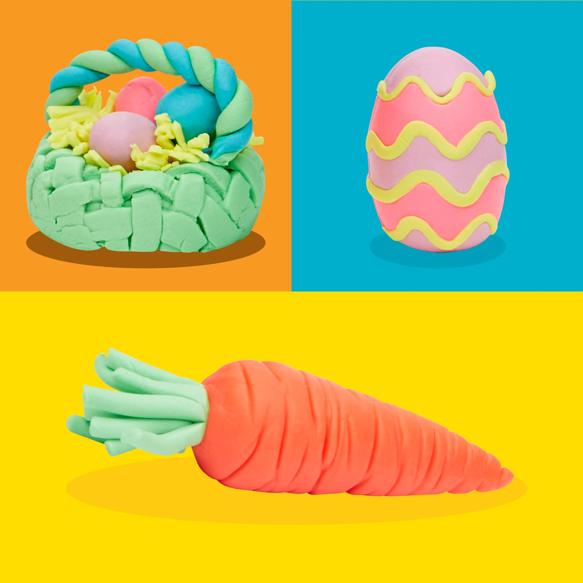 Play-Doh eggs beside Easter basket ready for gifting.