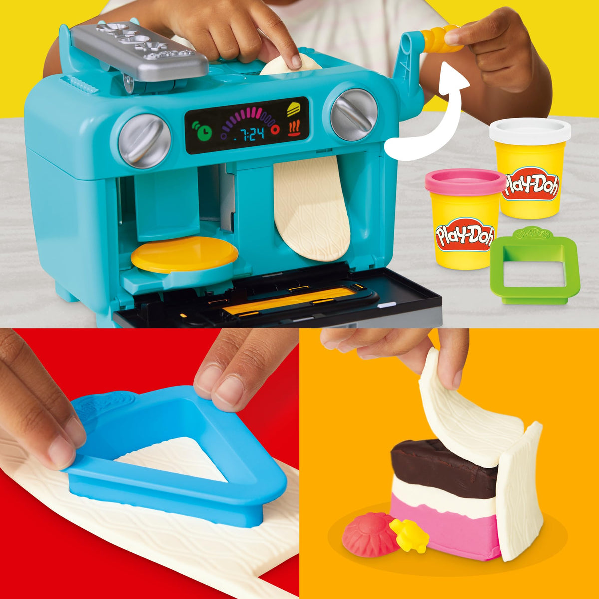 Play-Doh frosting roller in action on a color sheet.