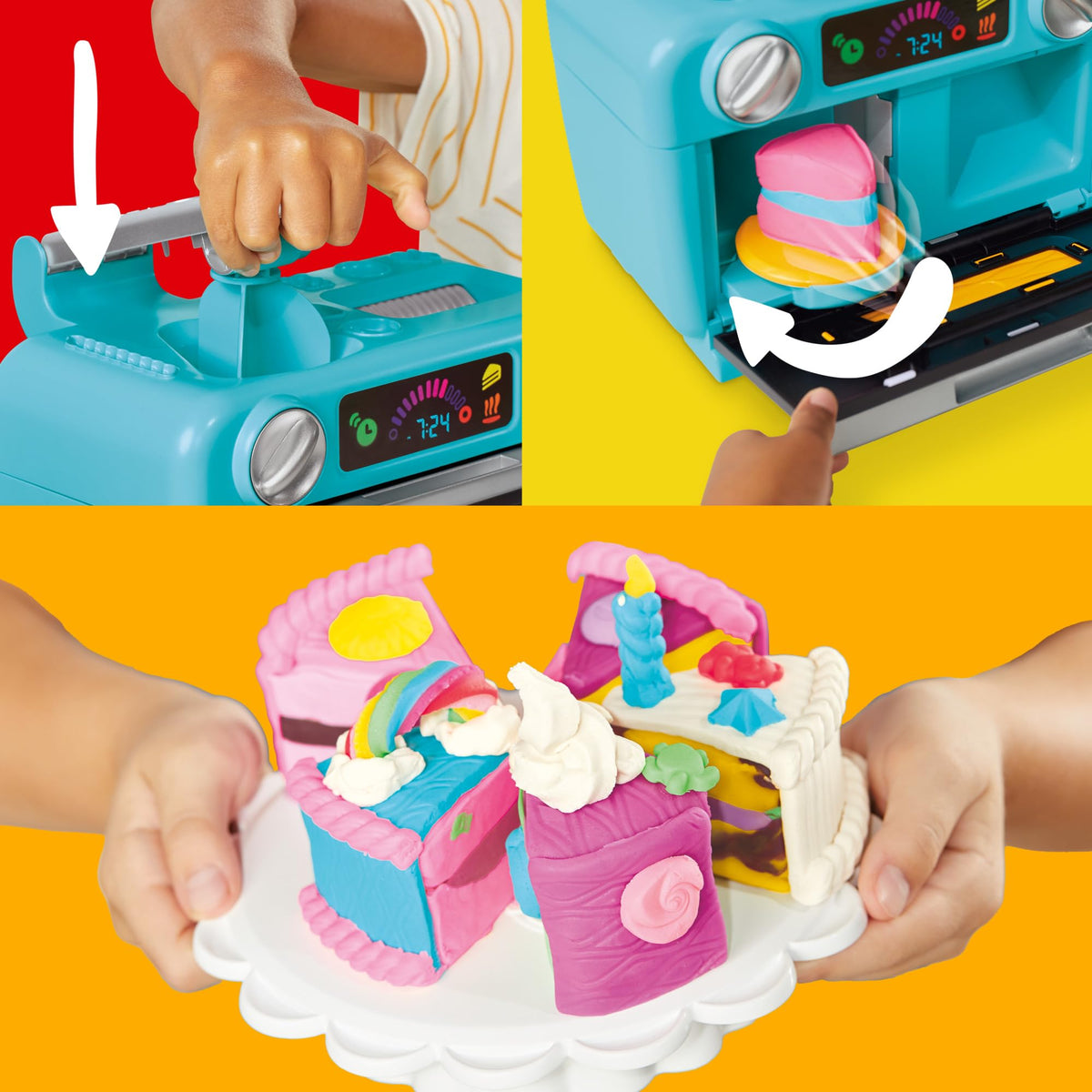 Child creates with Play-Doh in a pretend kitchen.