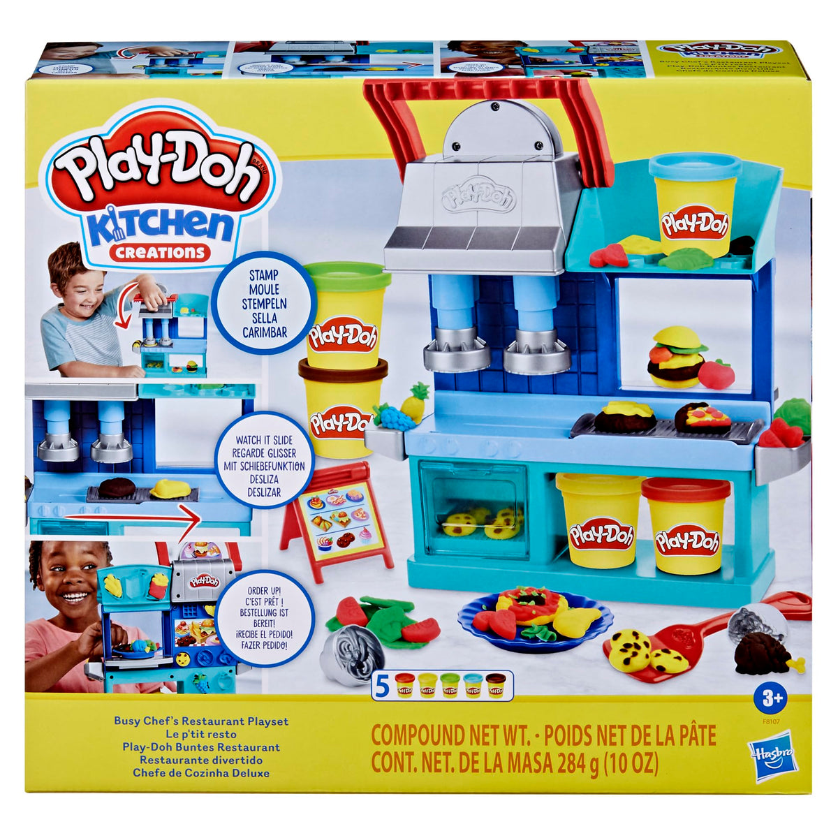 Play-Doh Kitchen Creations Busy Chefs Restaurant Playset, 2-sided kitchen for imaginative meals.