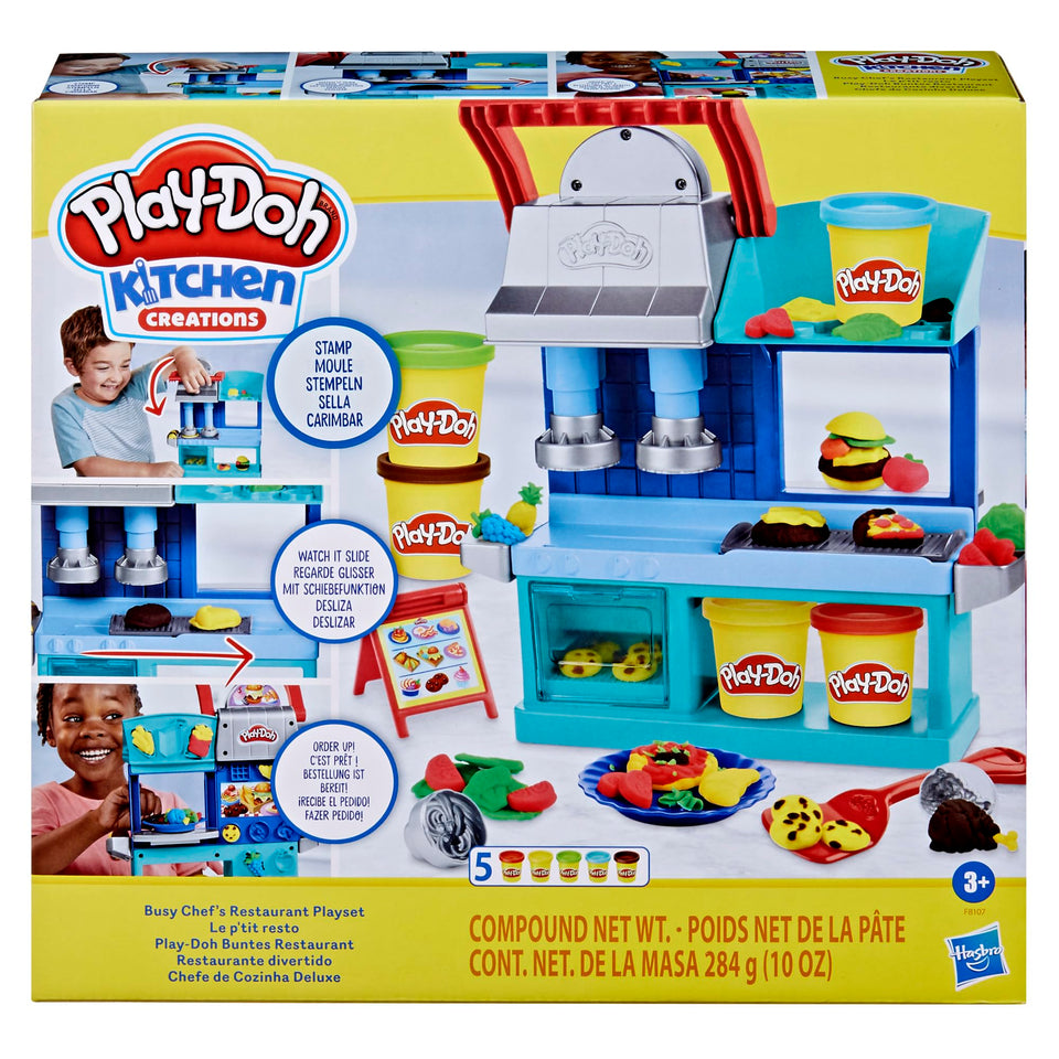 Play-Doh Kitchen Creations Busy Chefs Restaurant Playset, 2-sided kitchen for imaginative meals.
