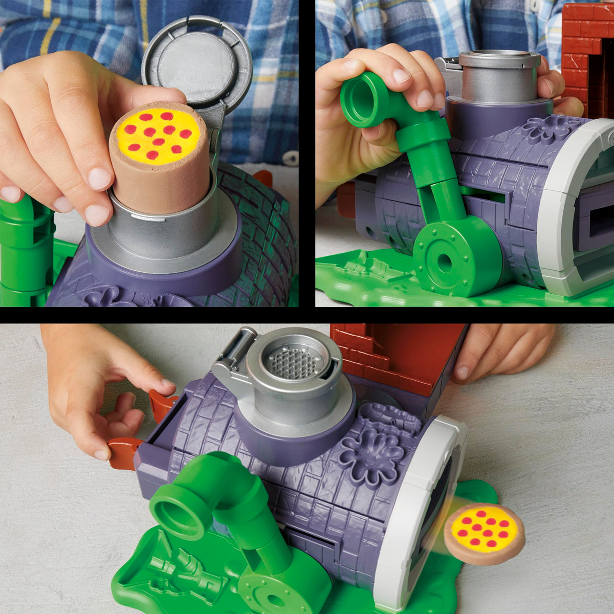 Pizza design cans enable colorful dough crafting for imaginative pizza scenes.