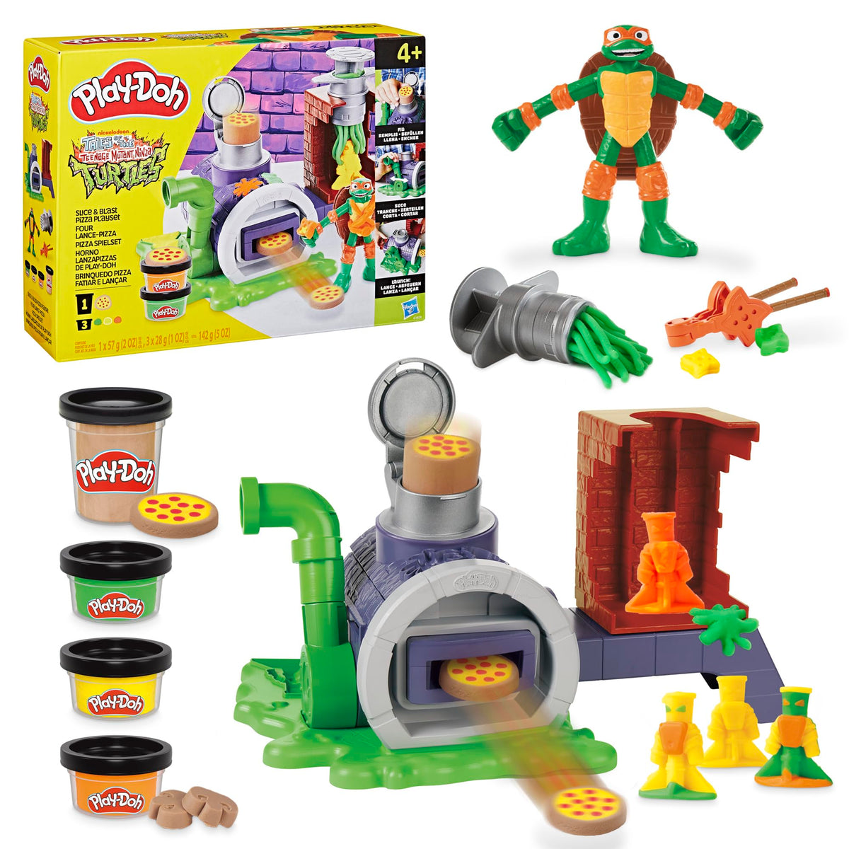 Play-Doh TMNT Slice & Blast pizza-sewer blaster in action for creative play.