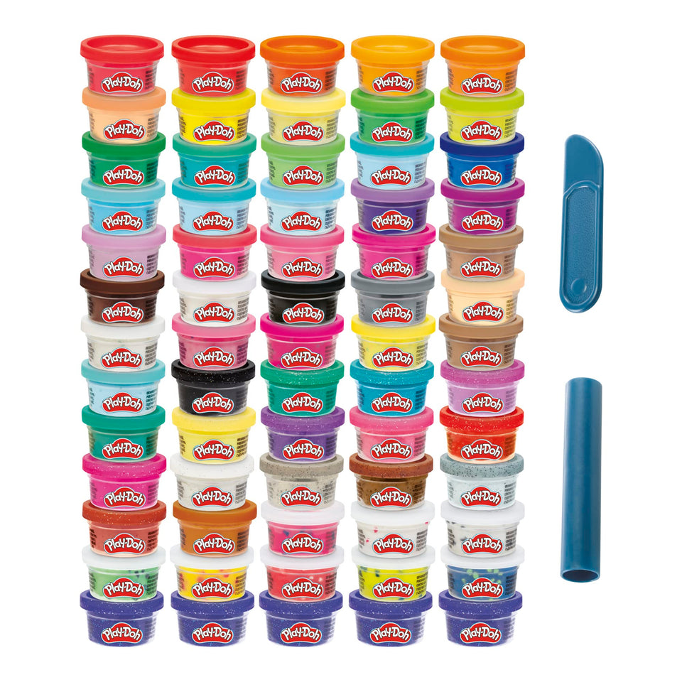 Play-Doh Ultimate Color Collection 65-pack shows a rainbow of colors in see-through cans for creative play.