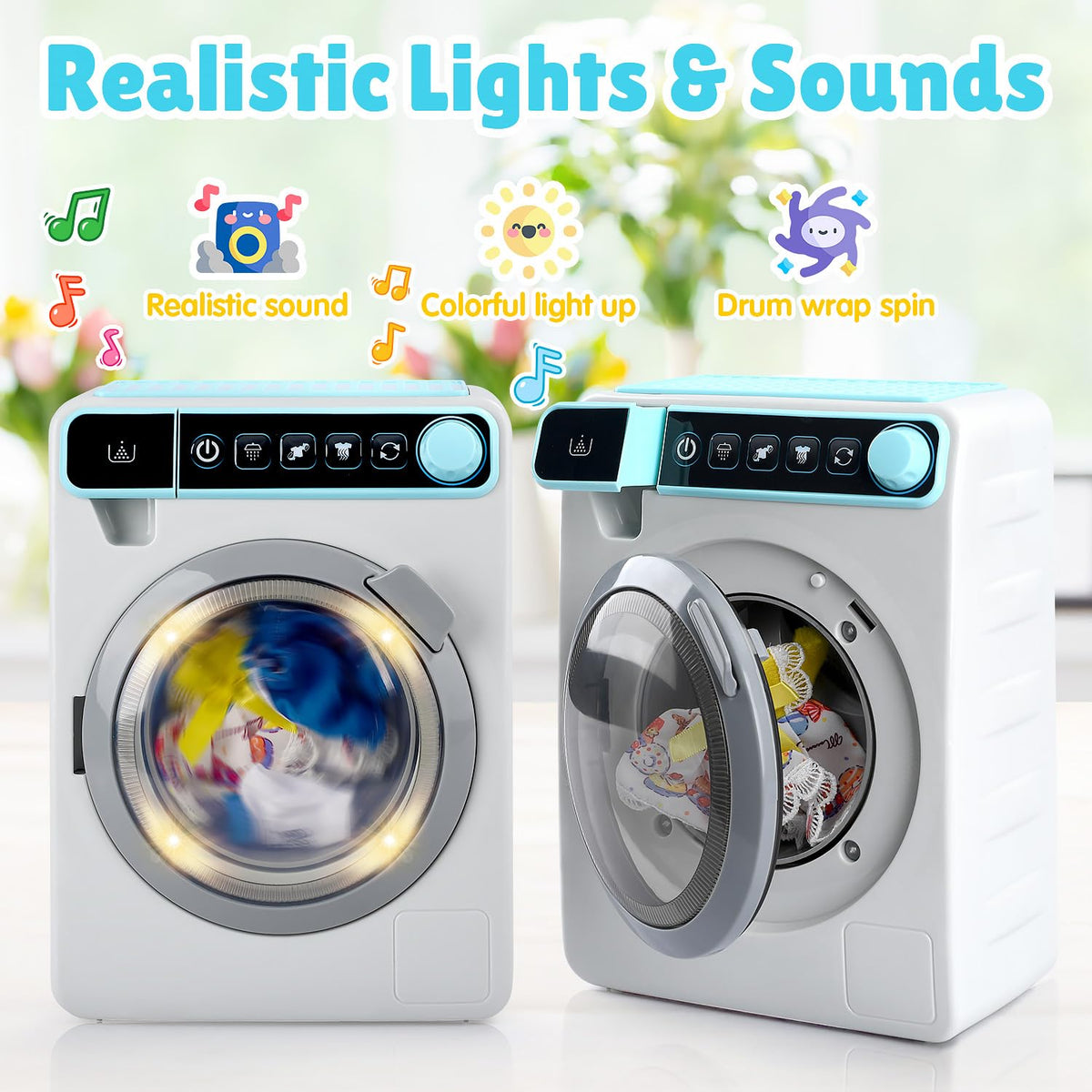 PLAY washing machine with doll clothes highlights included accessories.