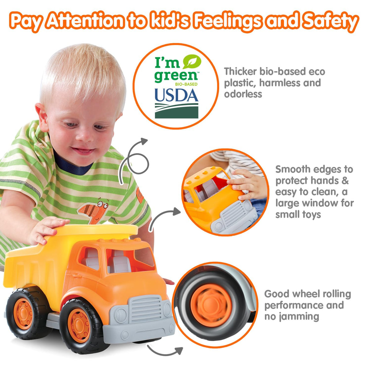 PLAY dump truck cargo space demonstrates ample room for miniature loads during pretend play.