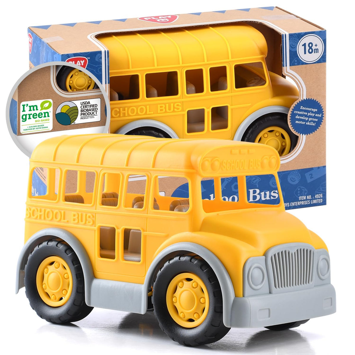 PLAY Eco-Friendly School Bus Toy front view shows safe, recyclable bio-based plastic design
