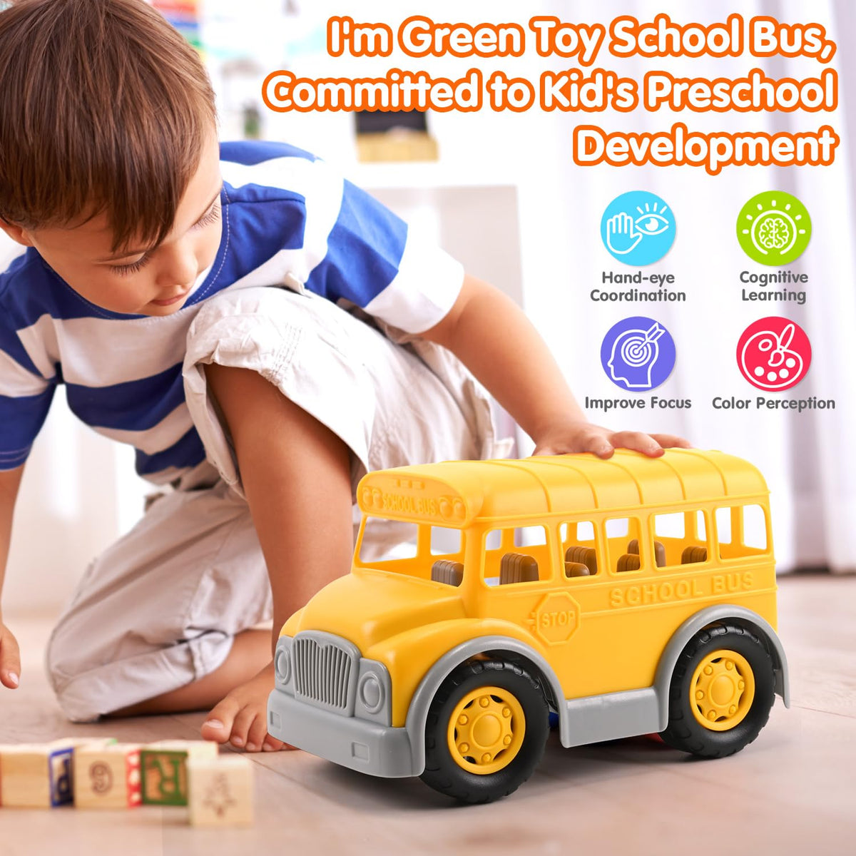 PLAY Eco-Friendly School Bus Toy wheels detail demonstrates smooth rolling action