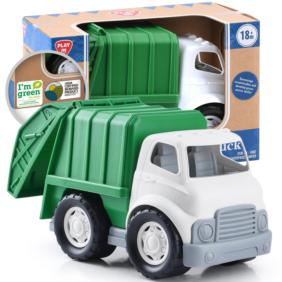 PLAY eco-friendly garbage truck in bio-based plastic, safe for toddlers' playtime.