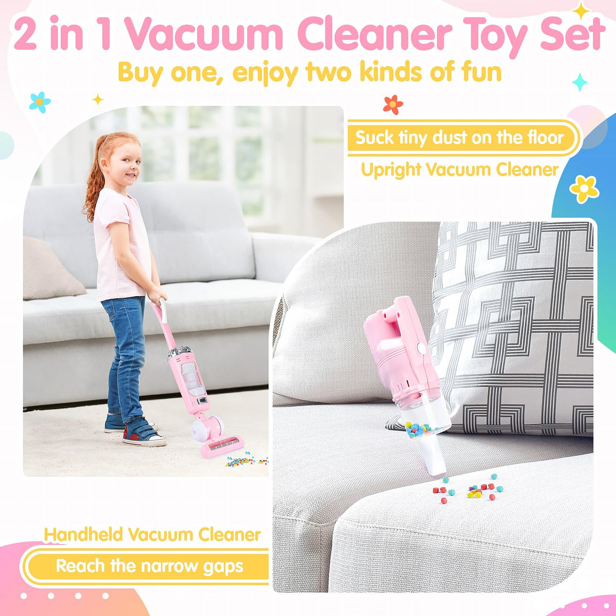 PLAY Kids Vacuum Toy Set in handheld mode supports role-play and cooperative fun