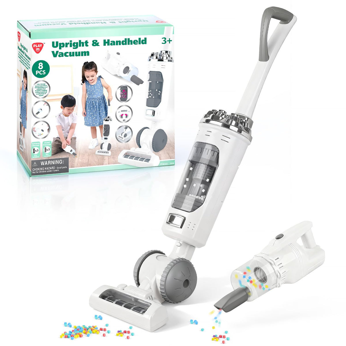 PLAY Kids Vacuum Toy Set front view highlighting dual play modes for imaginative cleaning play.