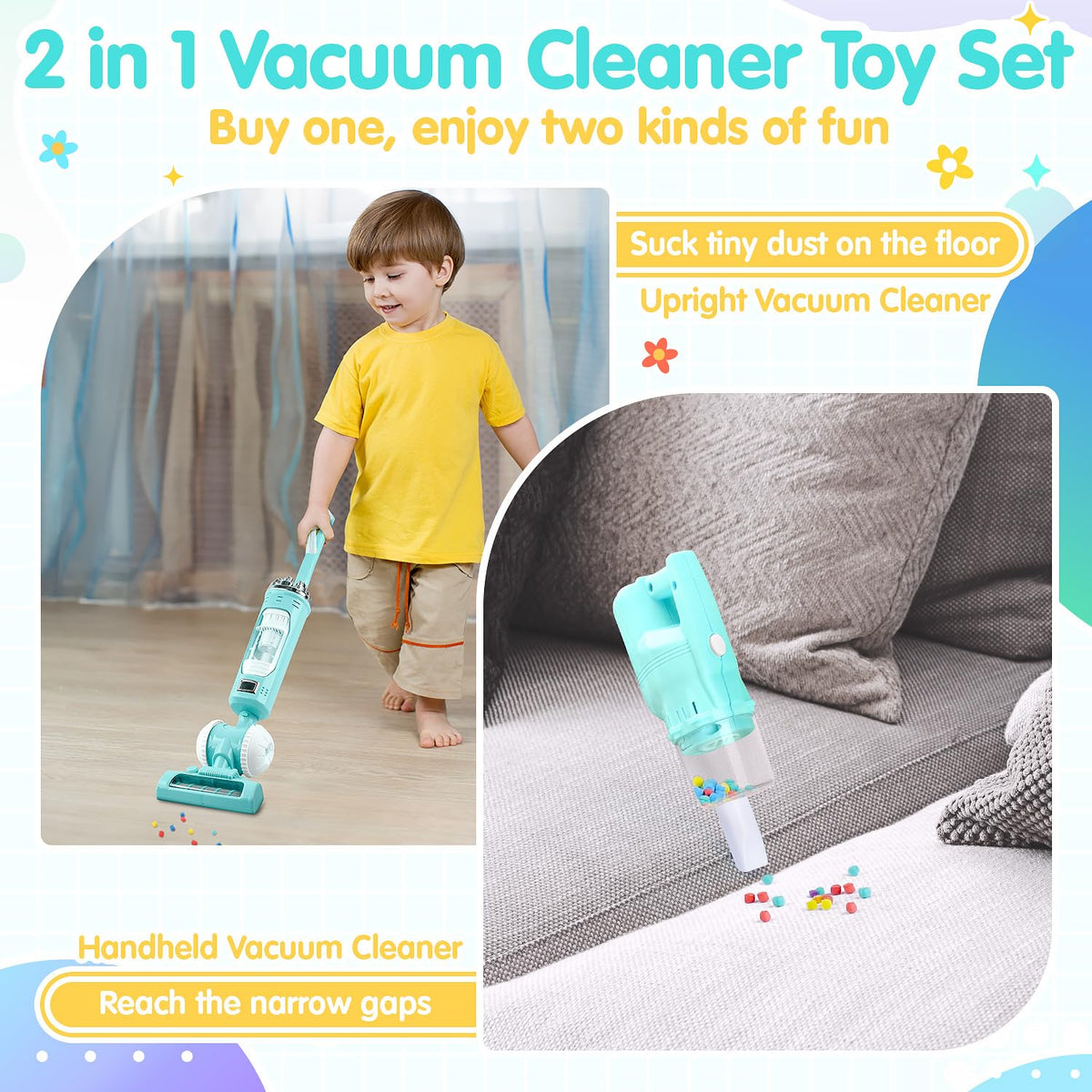 PLAY Kids Vacuum Toy Set shown in handheld mode encourages fine motor play