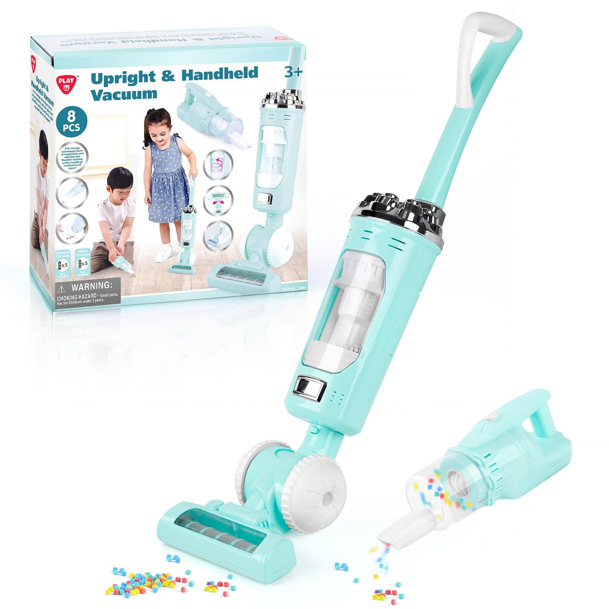 PLAY Kids Vacuum Toy Set in push mode for energetic pretend cleaning and role play