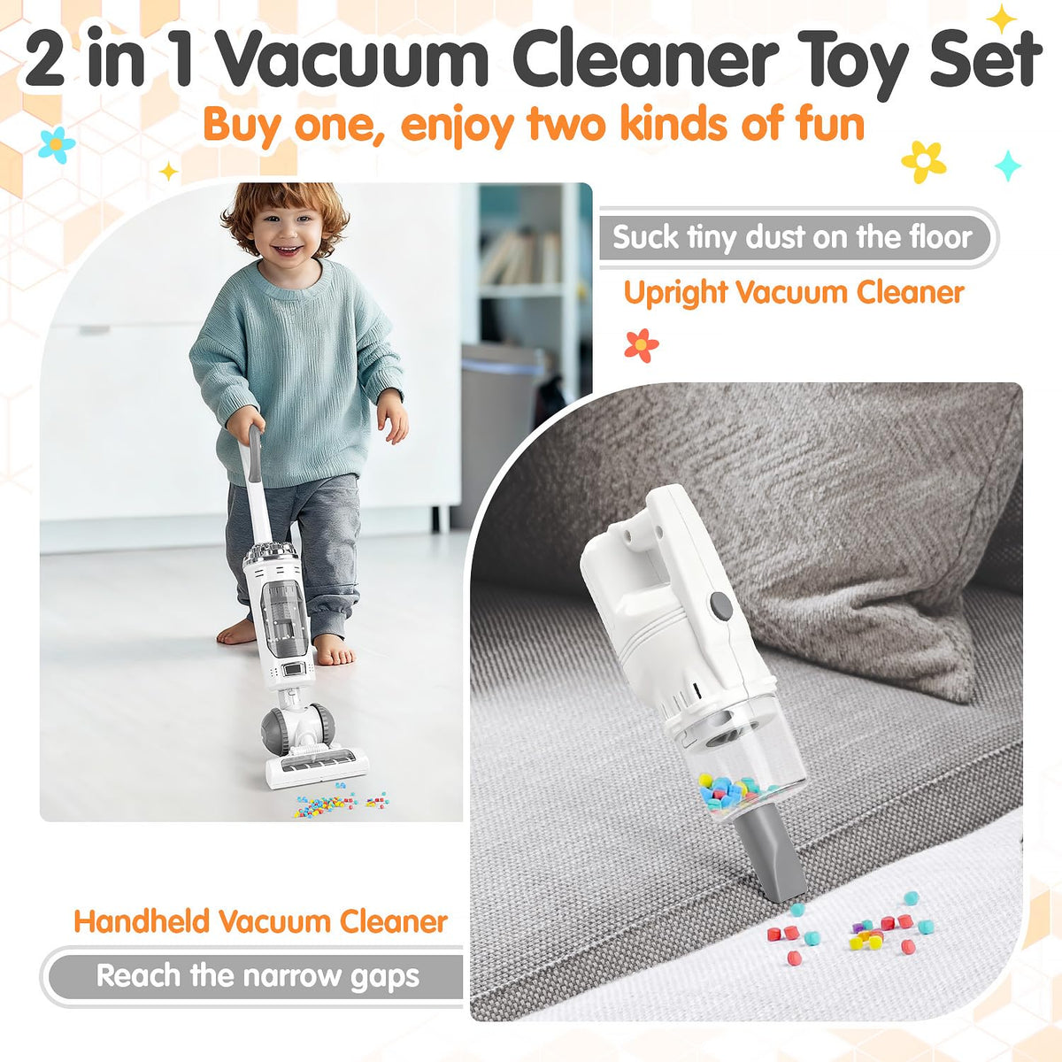 PLAY vacuum toy side view emphasizing lightweight design for easy pushing.