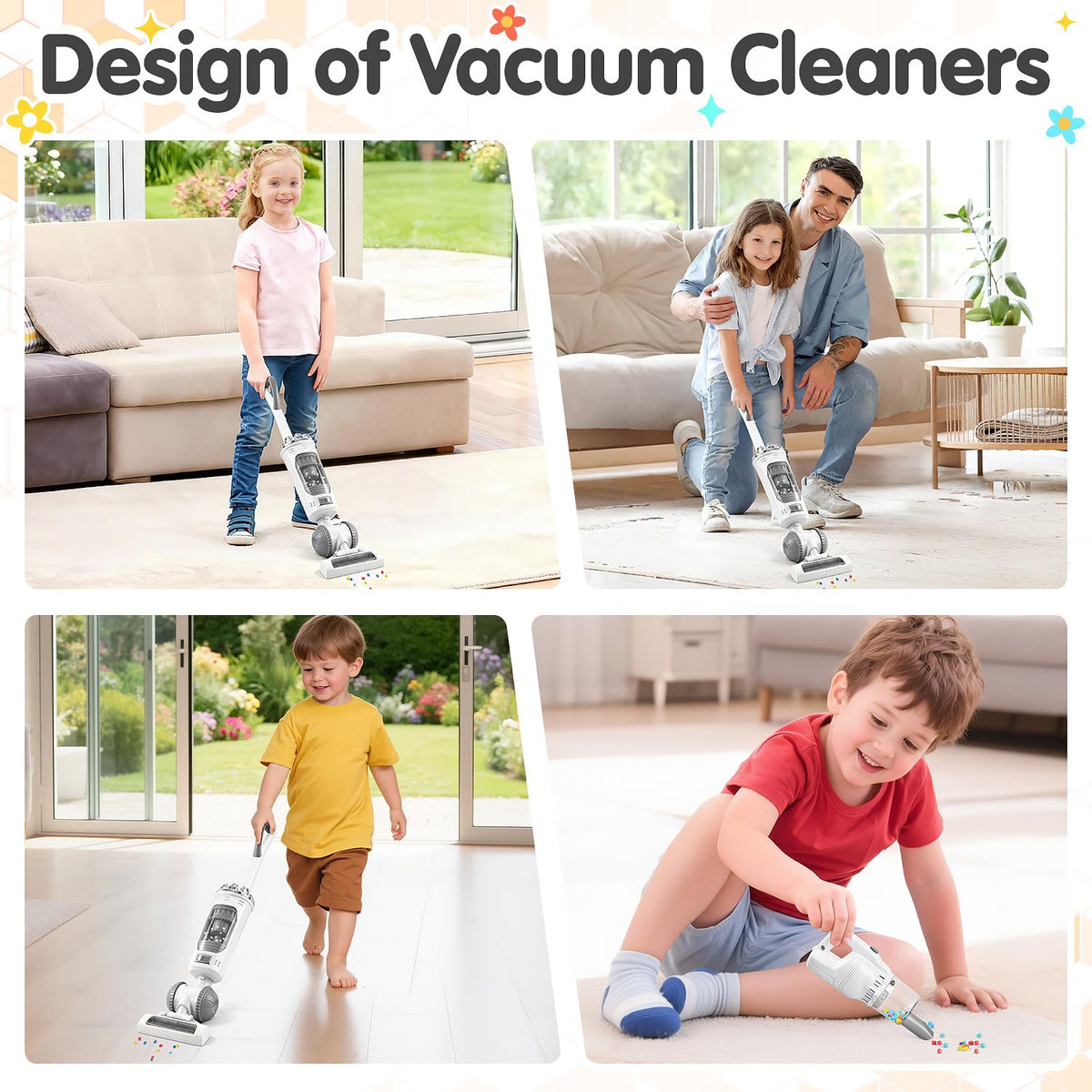 PLAY vacuum toy with 64 EVA particles for pretend cleanup play.