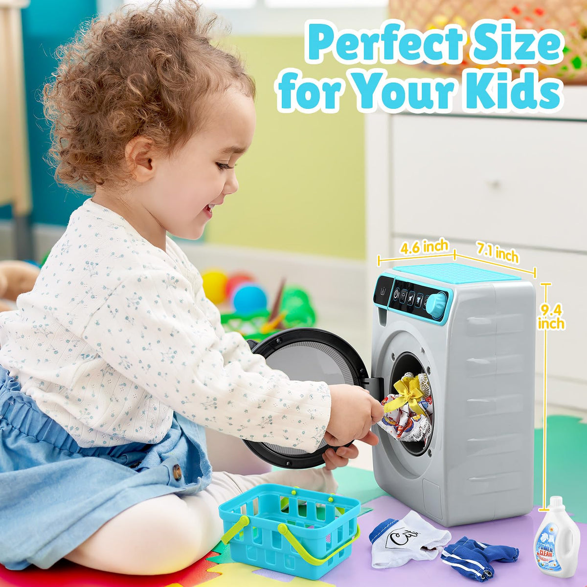 PLAY washing machine with detergent compartment enhances authentic cleaning pretend play.