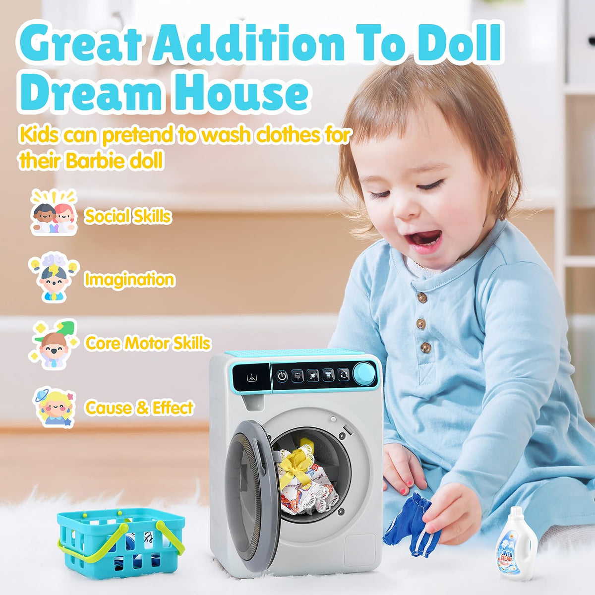 PLAY washing machine drum spin highlights motion for engaging role-play activities.