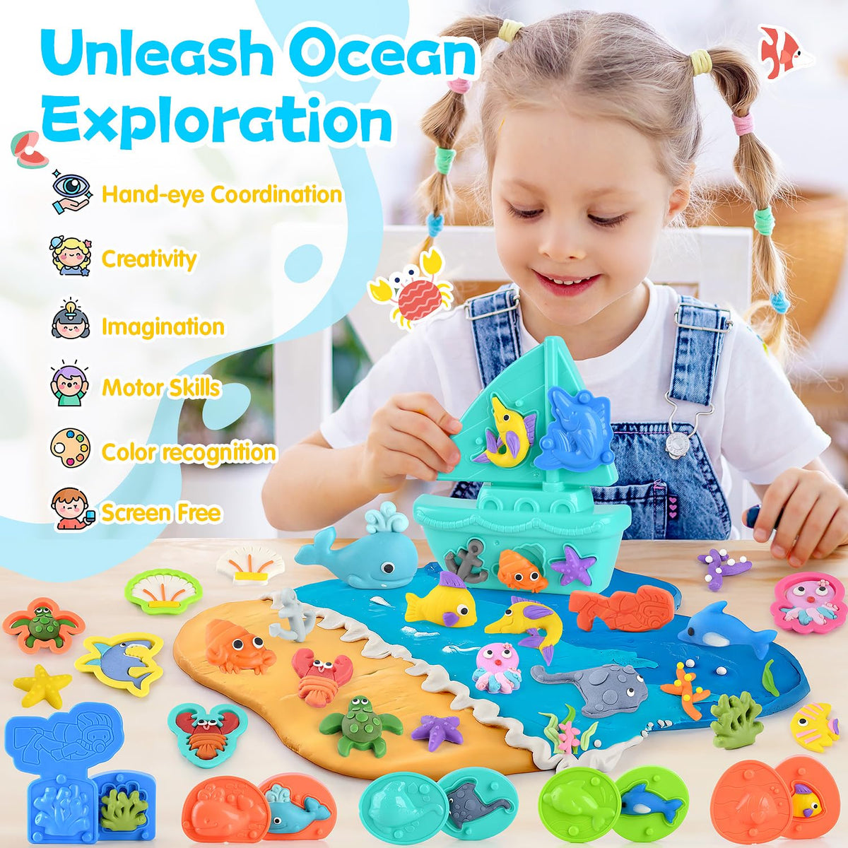 PLAY Ocean Color Dough Set 3D dolphin mold supports sensory exploration and hand-strength building.