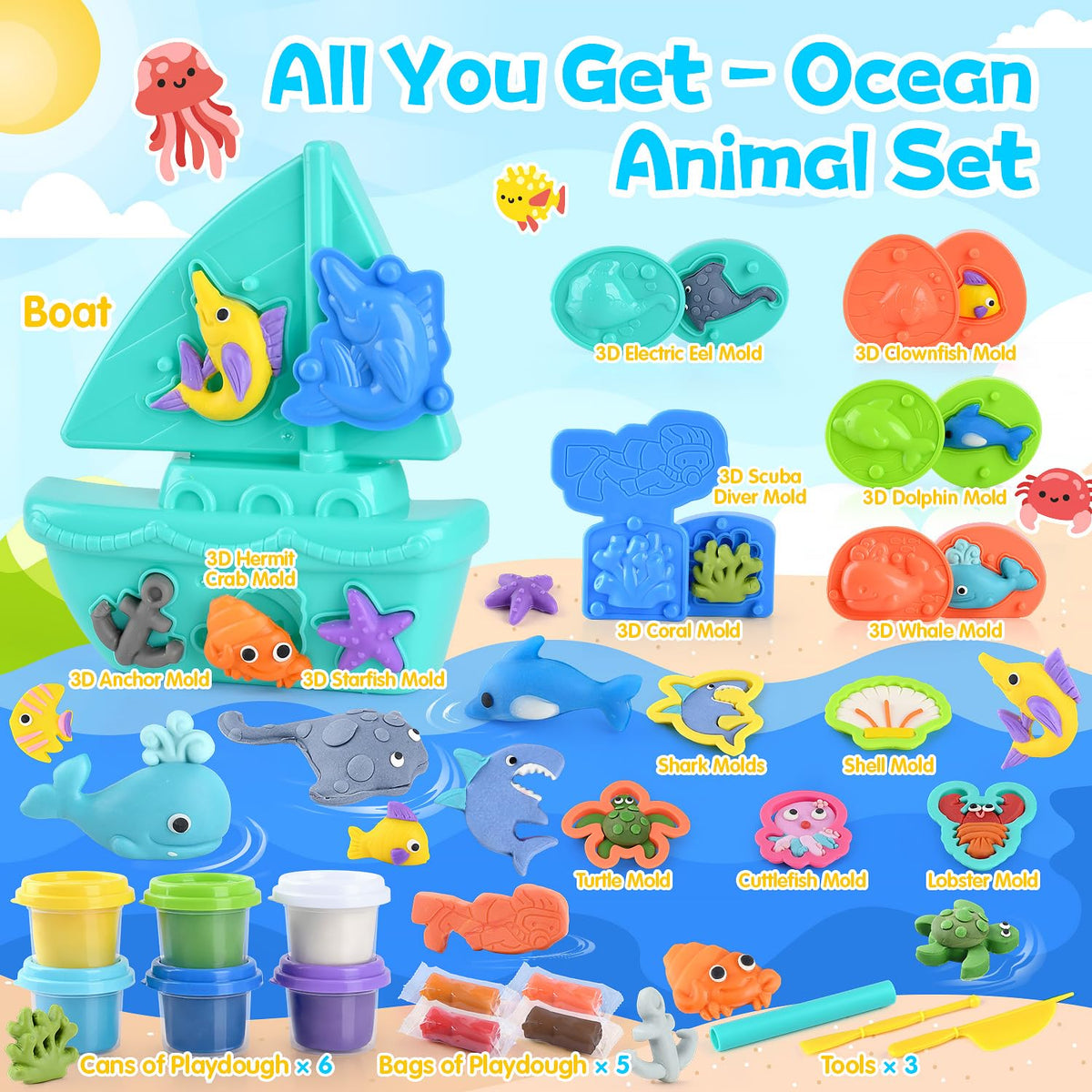 PLAY Ocean Color Dough Set 3D whale mold sparks imaginative storytelling through tactile creation.