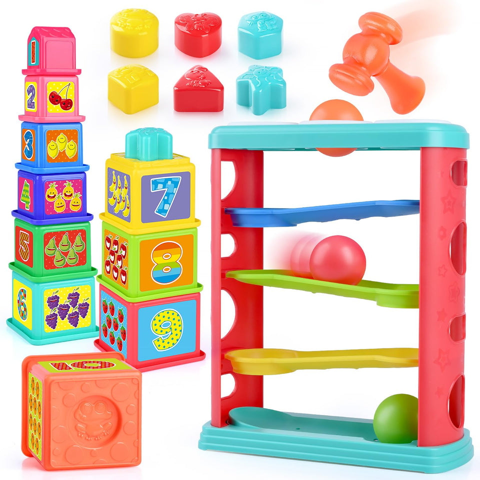 PLAY Pound a Ball Toy tower in action, encouraging pounding and ball dropping