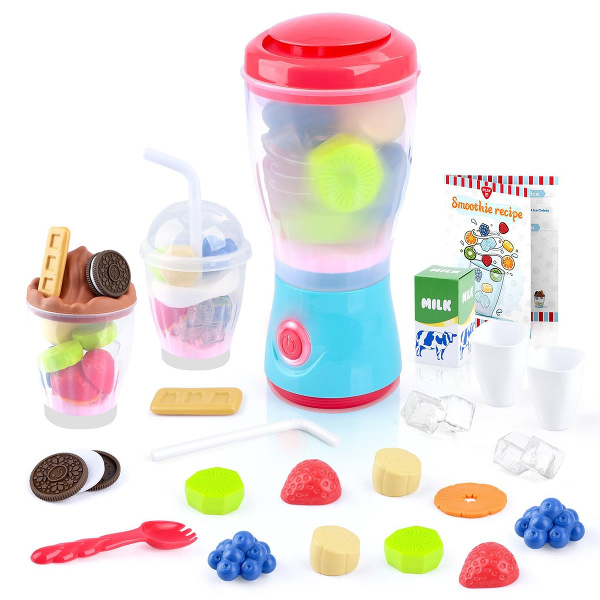 PLAY Smoothie Maker 27-piece set in hero view with blender action and lights.