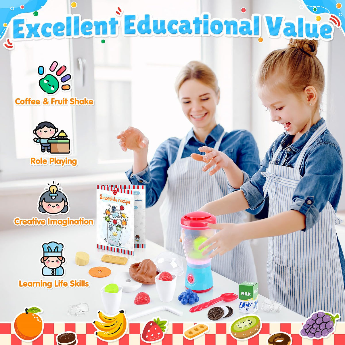 PLAY Smoothie Maker fruit and biscuits pieces invite creative smoothie storytelling.