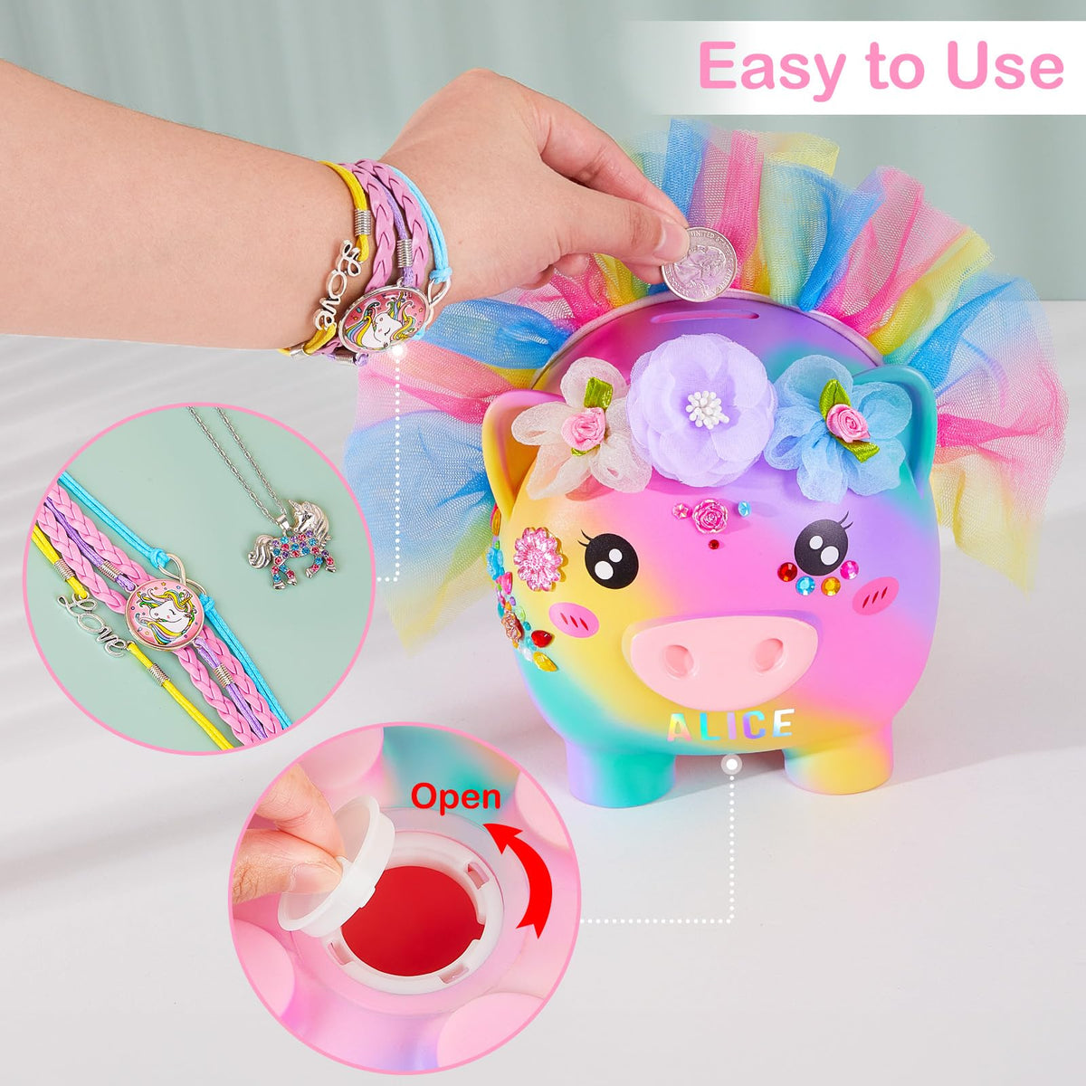 Play Tailor unicorn piggy bank holds up to 500 coins for growing savers.