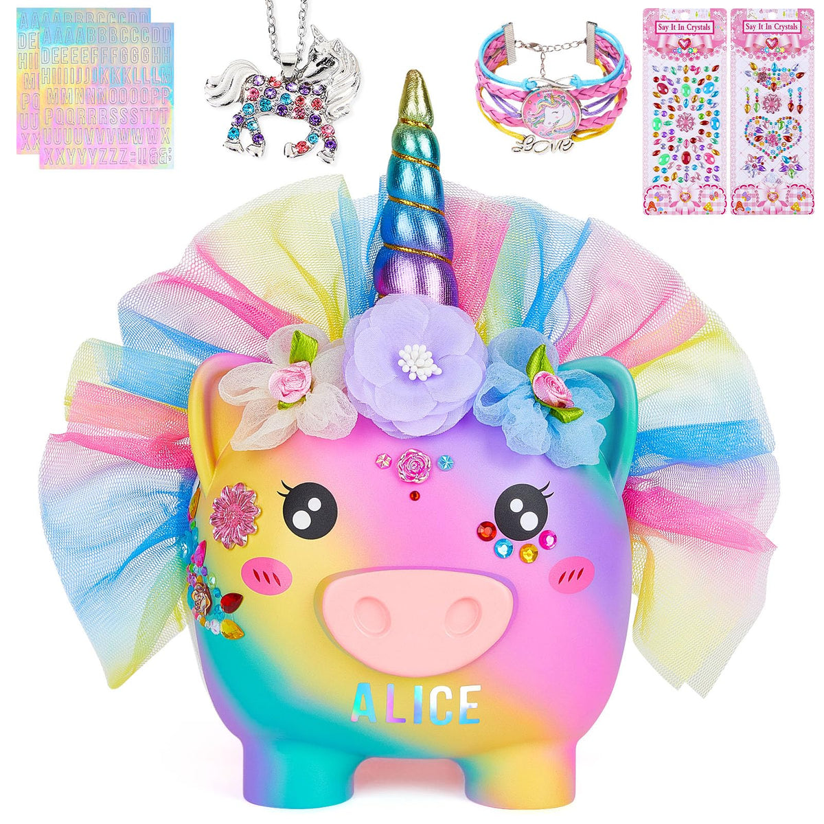 Play Tailor unicorn piggy bank with DIY stickers for creative saving.