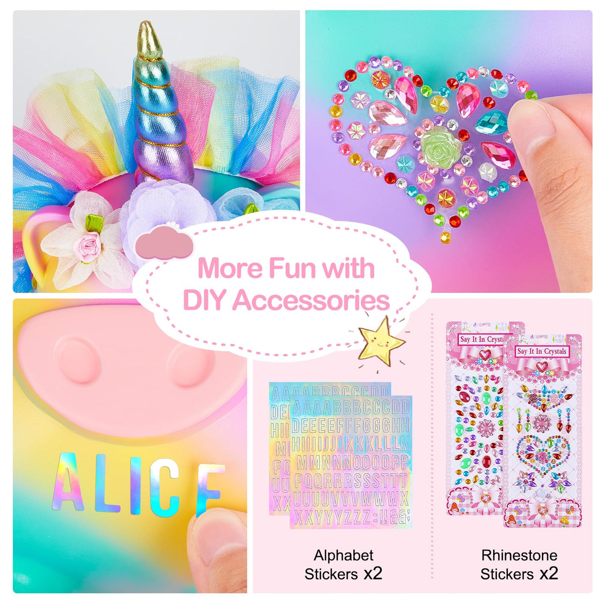 Play Tailor unicorn piggy bank with rainbow dress stickers for personalization.