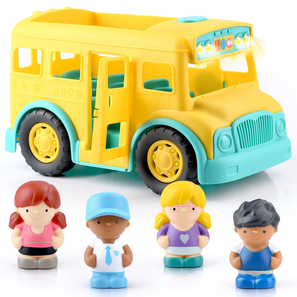 PLAY yellow school bus toy with figures for interactive pretend play and learning.
