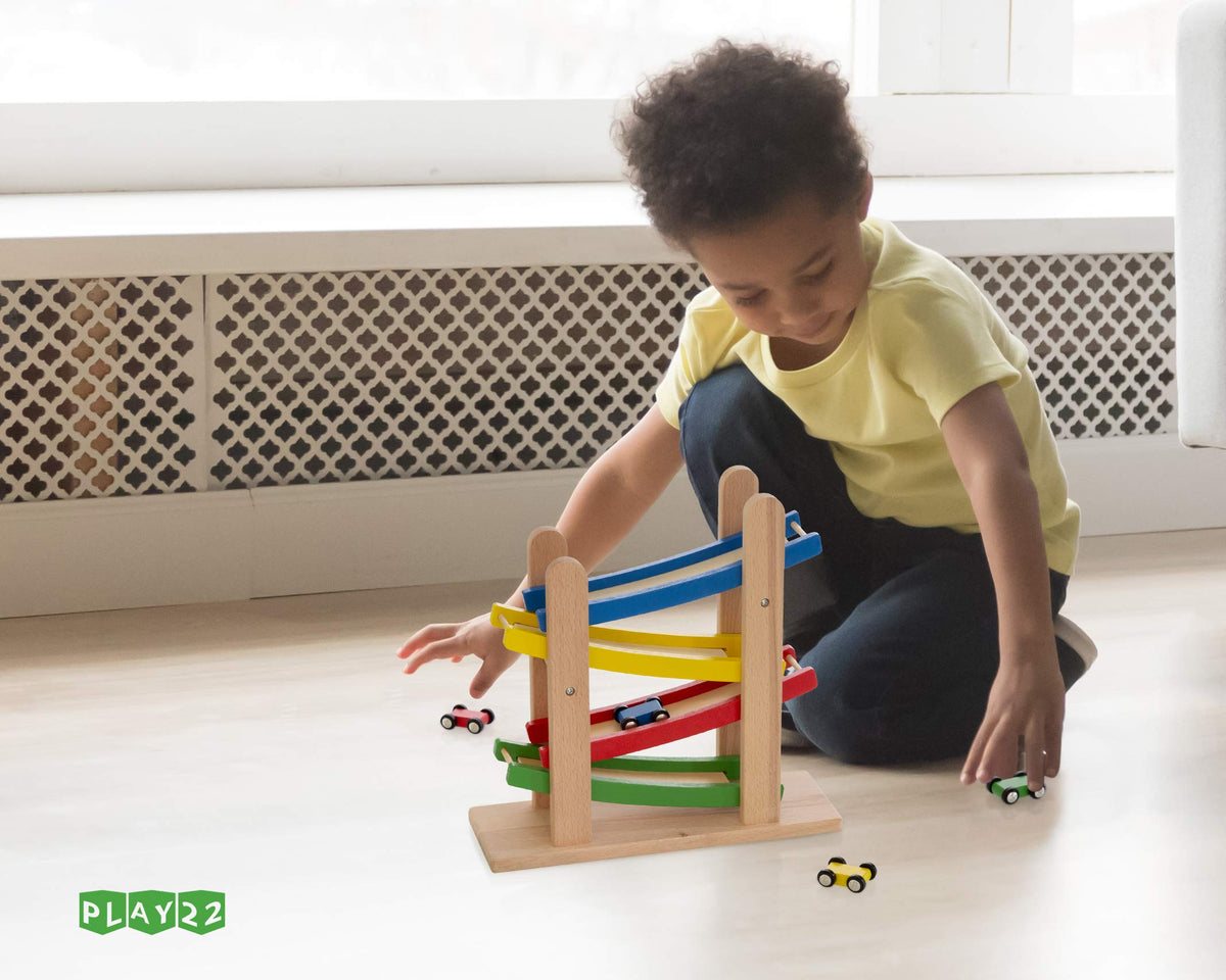 Play22 colorful wooden race track in action supports focus and curiosity.