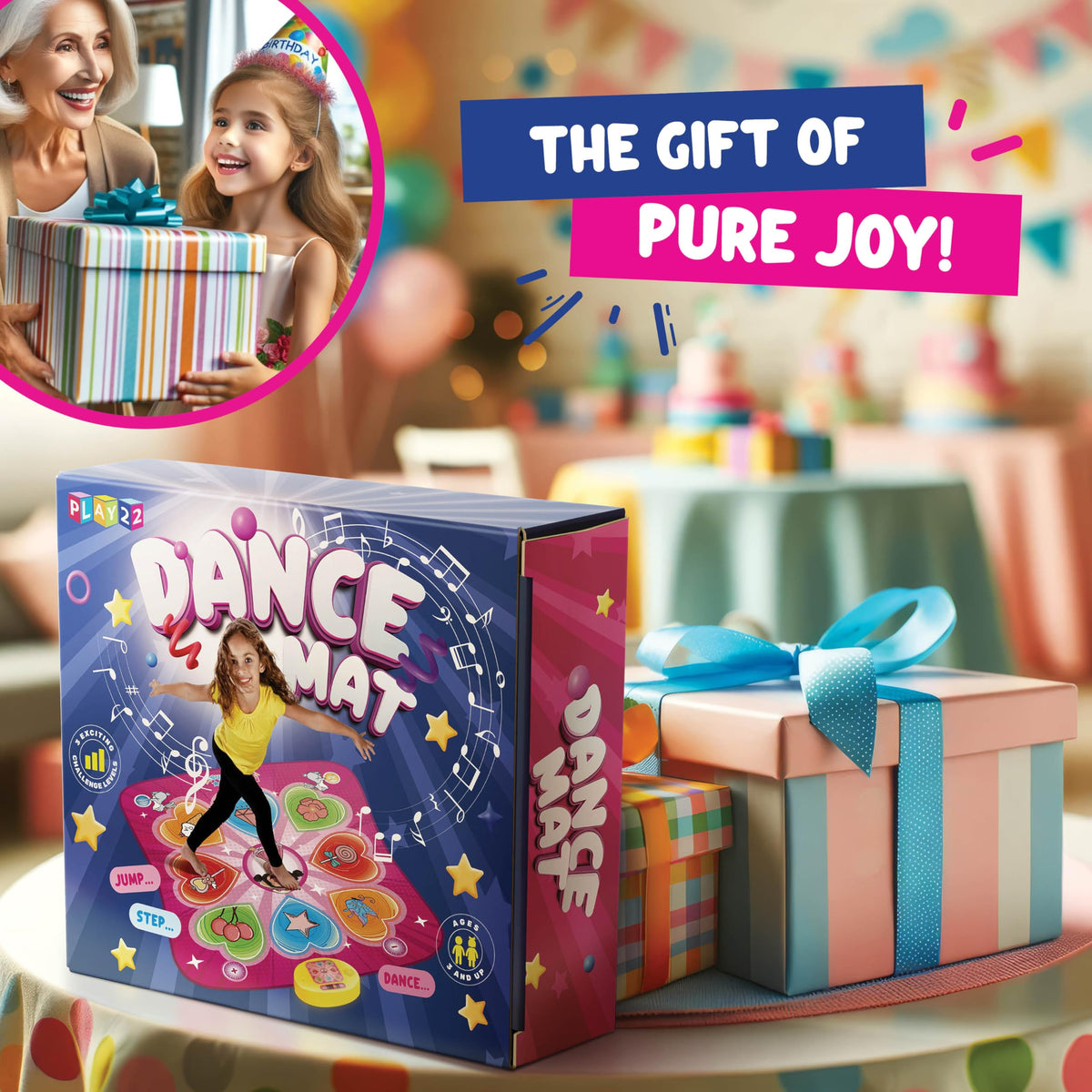 Play22 Dance Mat built-in music provides ready-to-play fun for young dancers.