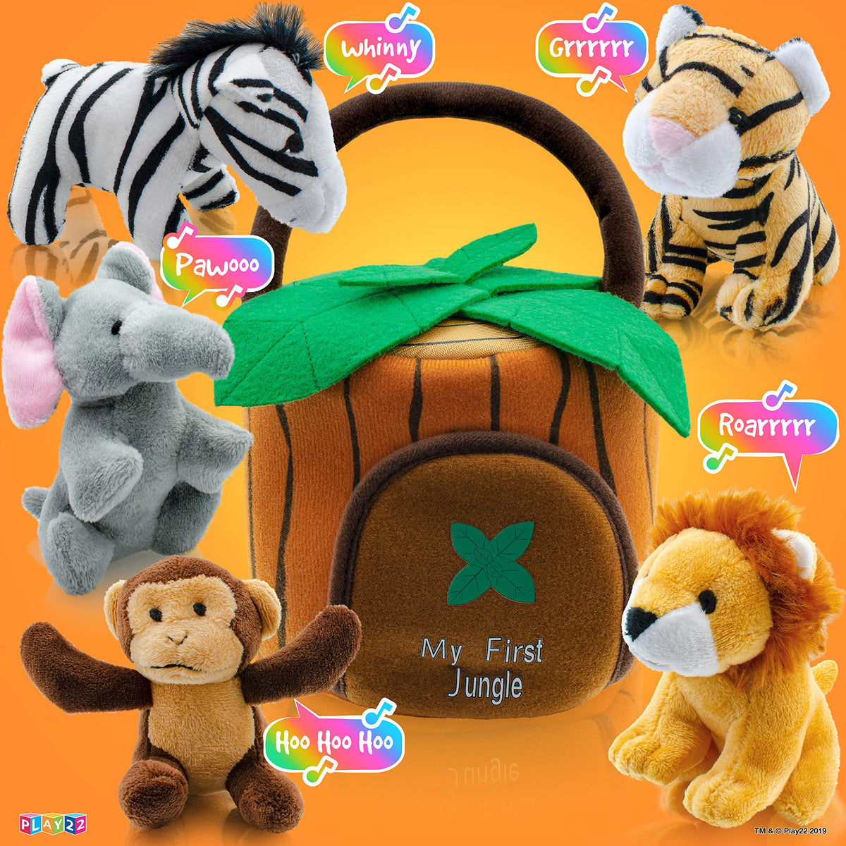 Play22 six-piece plush set includes carrier and five animals for learning play