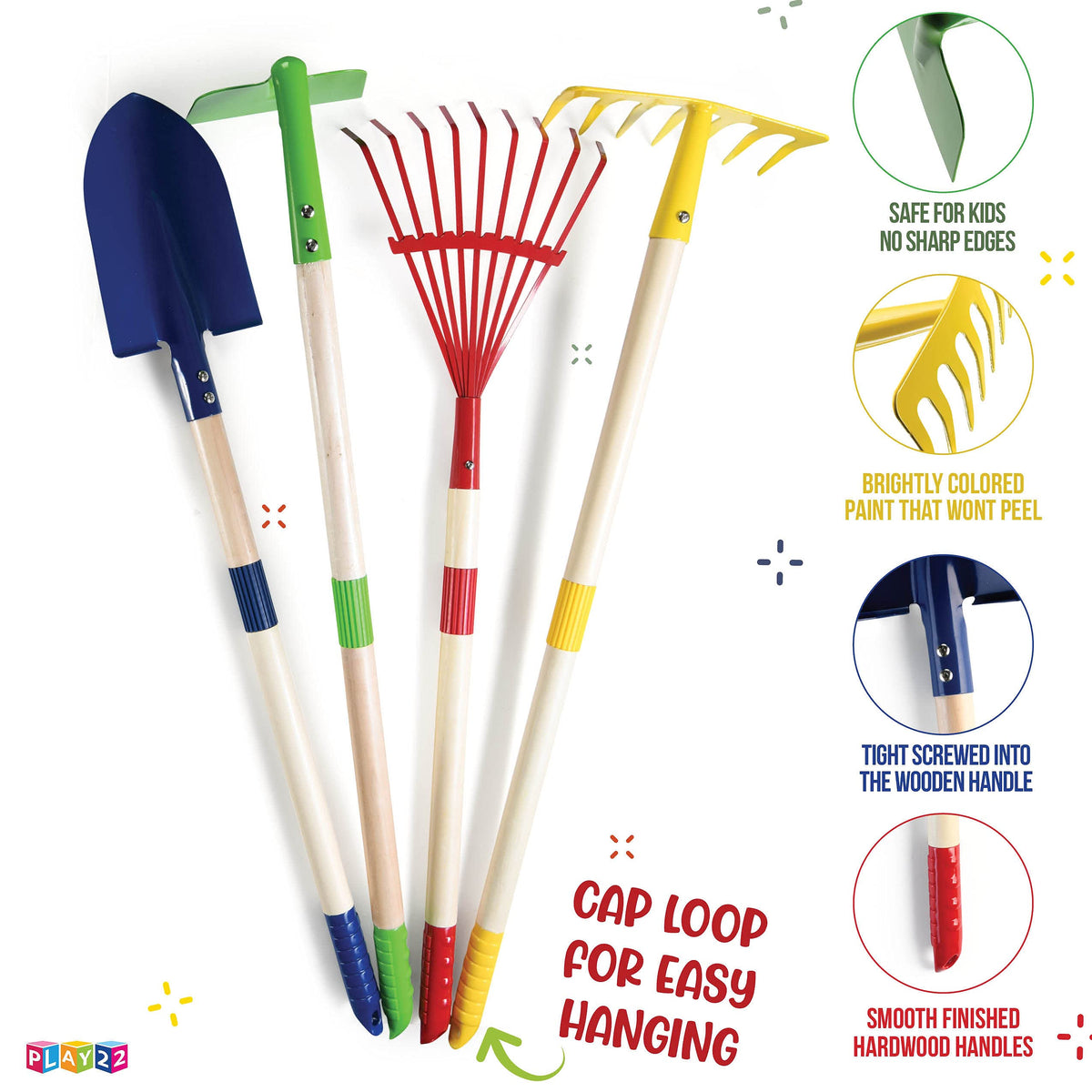 Play22 Kids Garden Tool Set rake enables real-world leaf collection during outdoor fun.